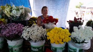 Descrição da imagem. Foto horizontal de vários baldes brancos grandes com diversas flores dentro, cada balde com um tipo e cor de flor. Ao centro, uma mulher sorridente segura um buquê de flores vermelhas. Fim da descrição.