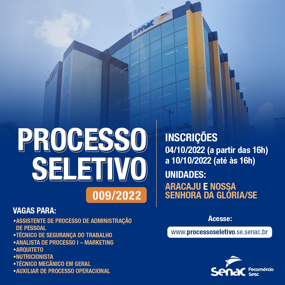 Senac/SE abre processo seletivo para vagas em Aracaju e Nossa Senhora da Glória